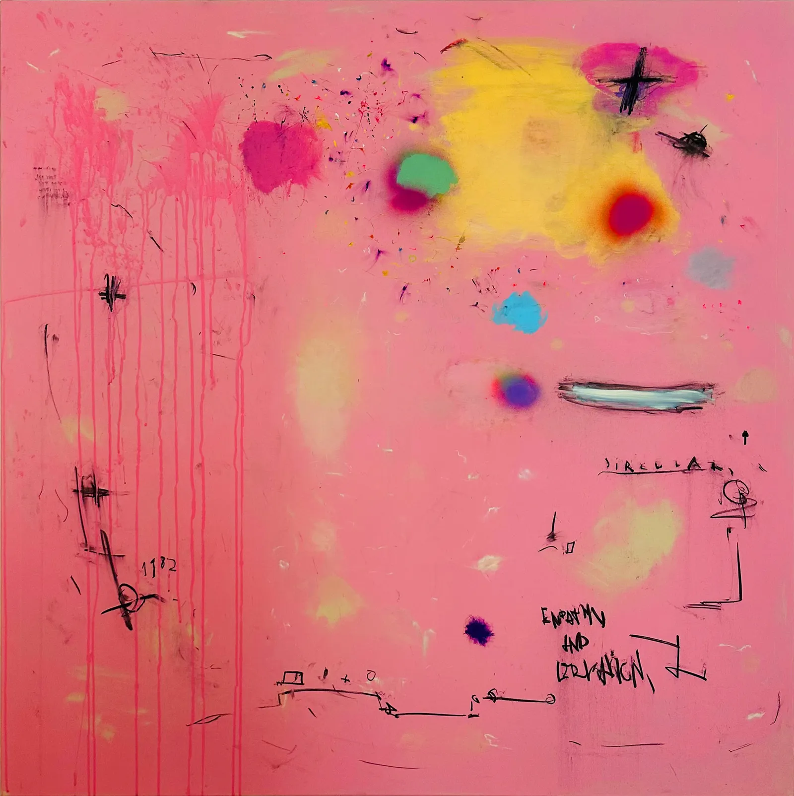 IRONIE UND MITLEID, 150 X 150 CM, ACRYLIC, OIL AND CHARCOAL ON CANVAS, 2025