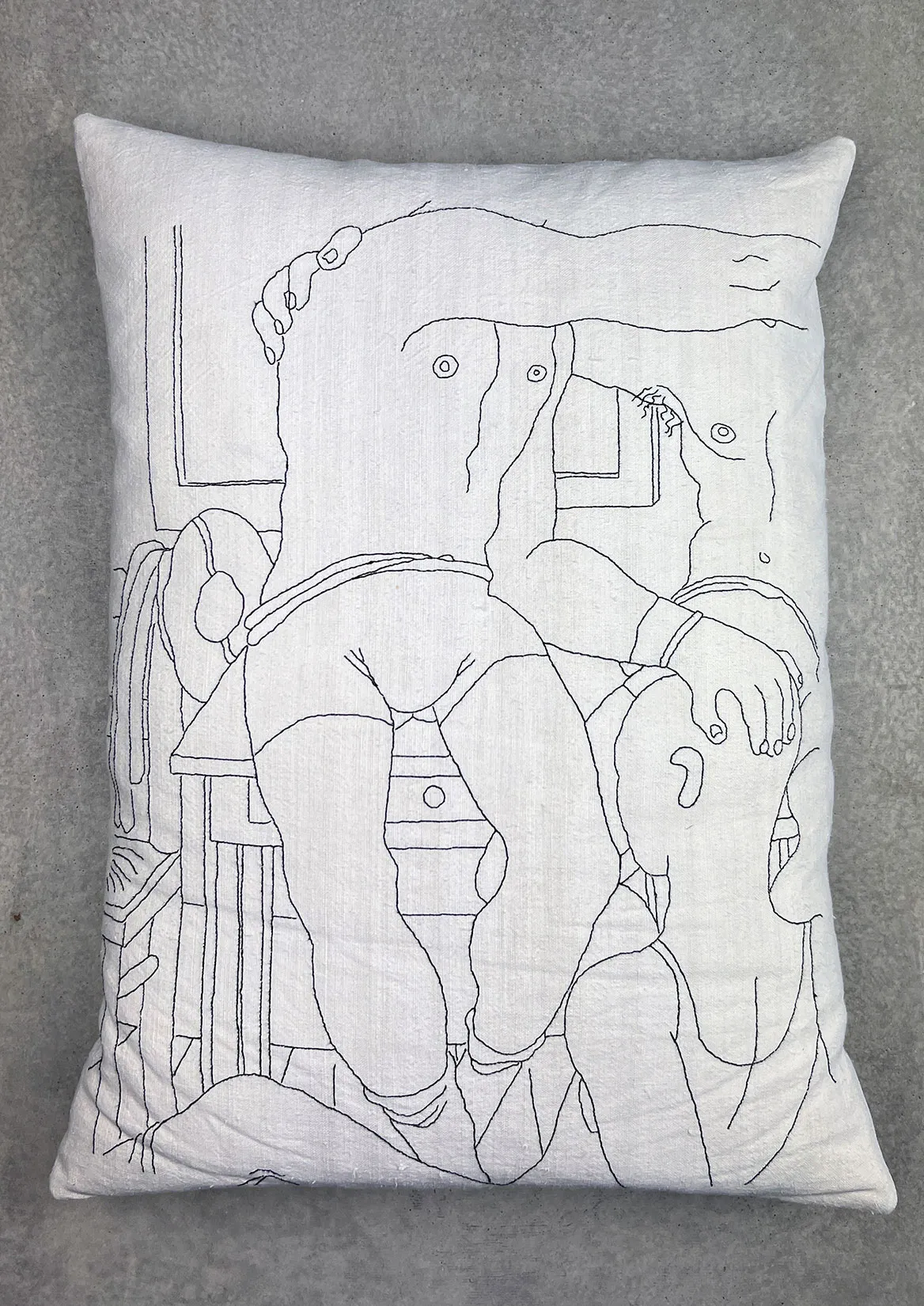 Embroidered cushion with Dance of Death figures after Holbein