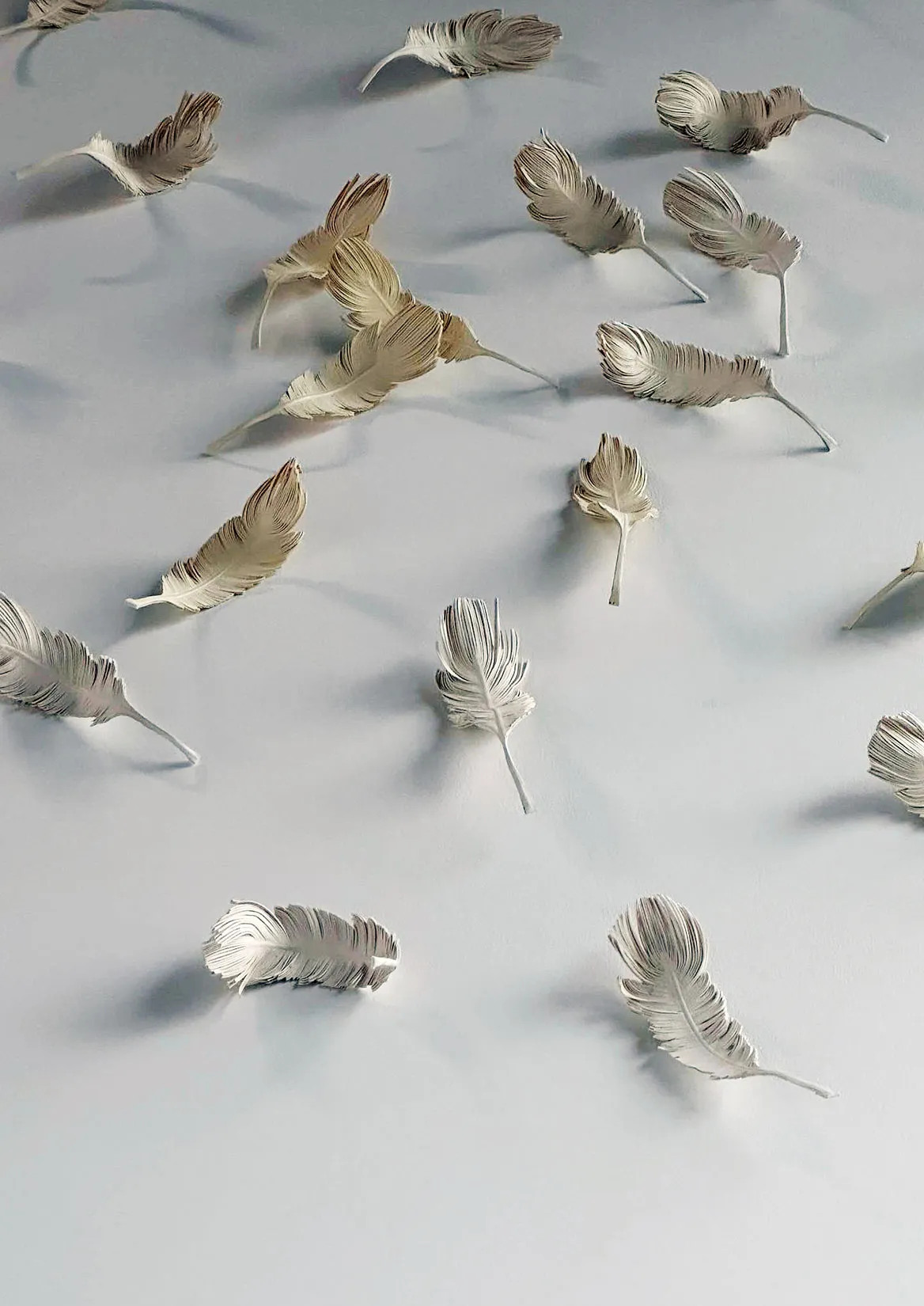Hand-cut leather feathers scattered across a wall