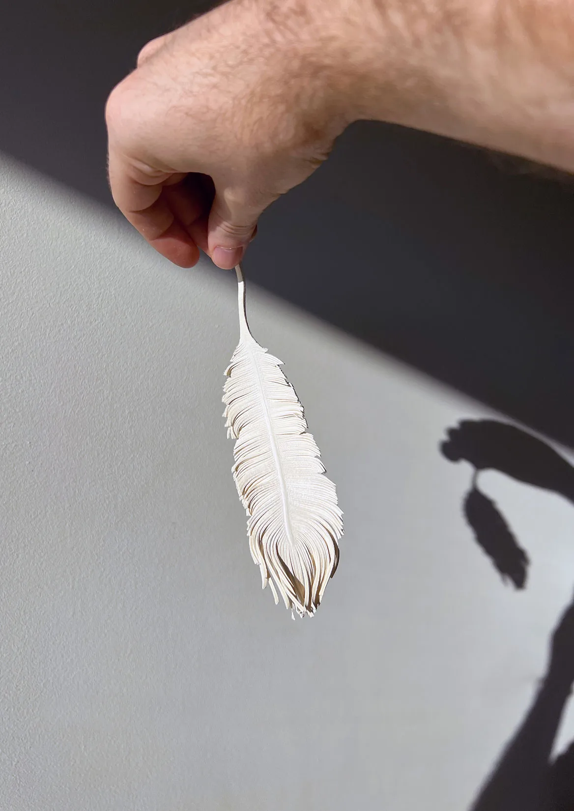 Hand holding a white leather feather