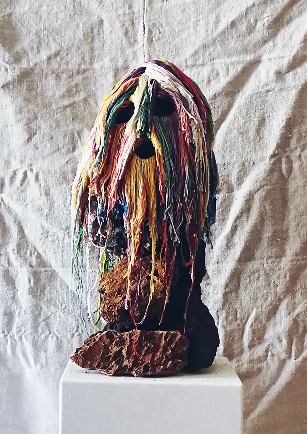 SILKS MASK (FOR MERCURY), DATE: 2017, MATERIALS: EMBROIDERY SILKS, COTTON, VOLCANIC ROCK